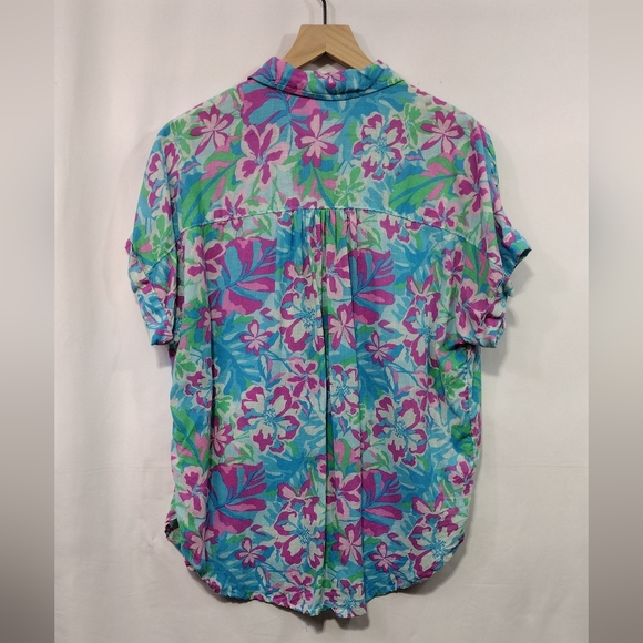 Time and Tru Linen Blend Floral Roll Cuff Button Shirt Womens M Multicolor Boho - Picture 7 of 10